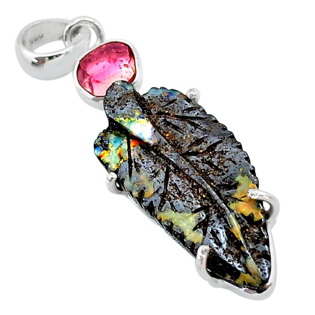 14.61cts natural brown boulder opal carving tourmaline 925 silver pendant t24078