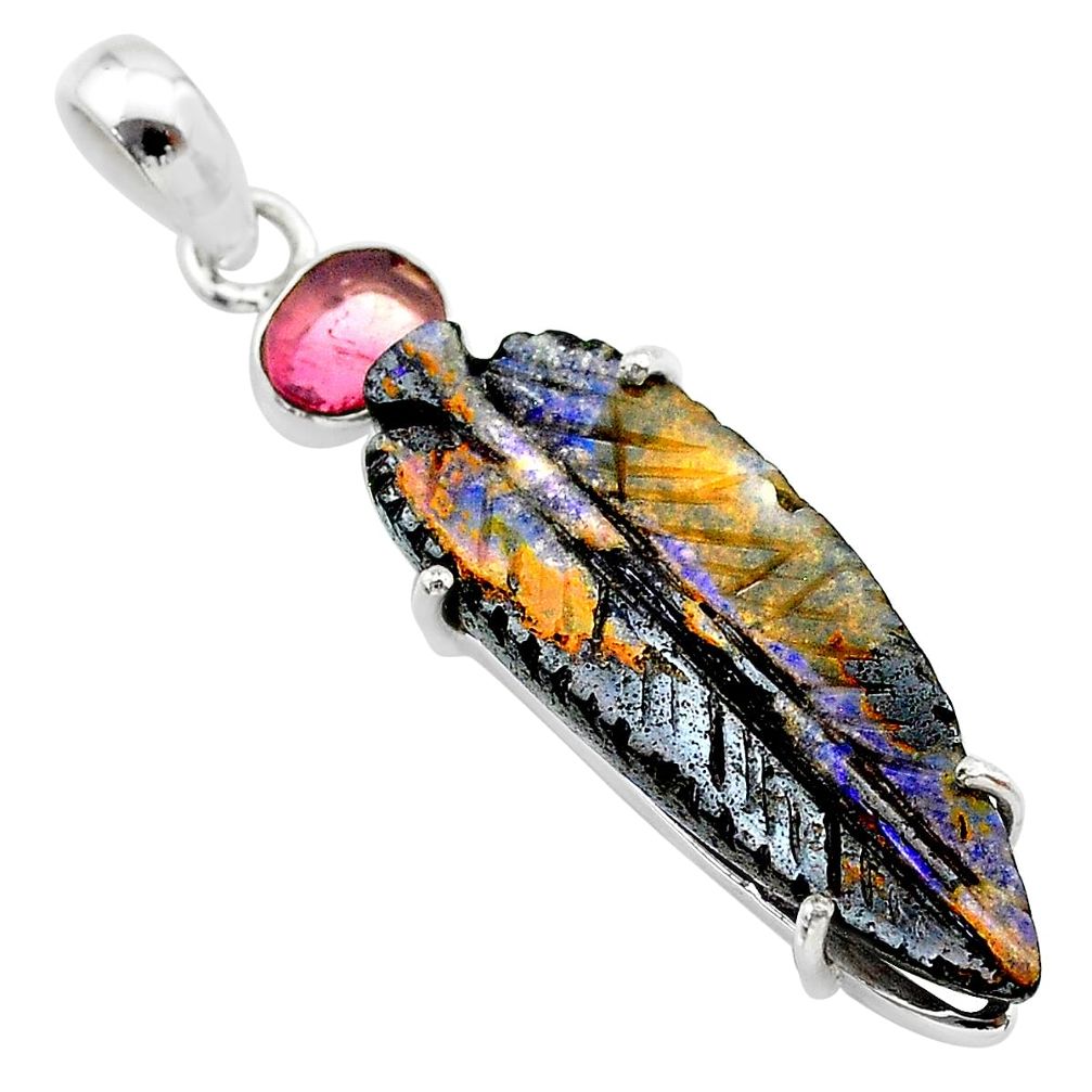 16.28cts natural brown boulder opal carving tourmaline 925 silver pendant t24084