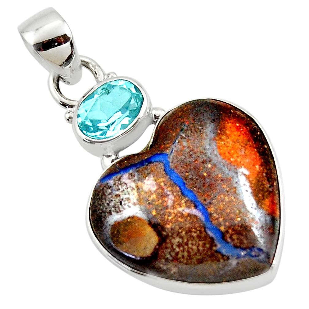 17.57cts natural brown boulder opal heart topaz 925 silver pendant r50003