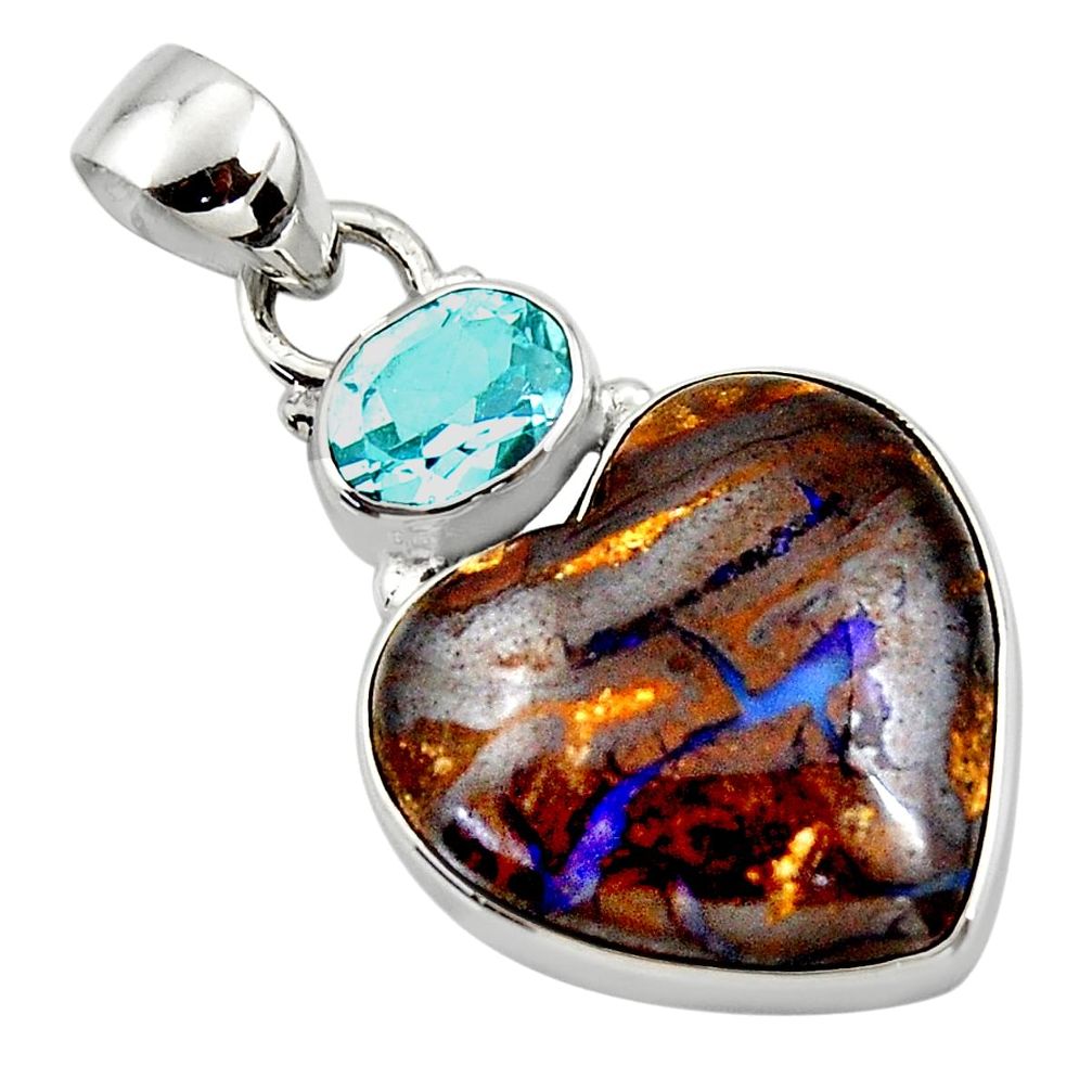 16.73cts natural brown boulder opal heart topaz 925 silver pendant r50018