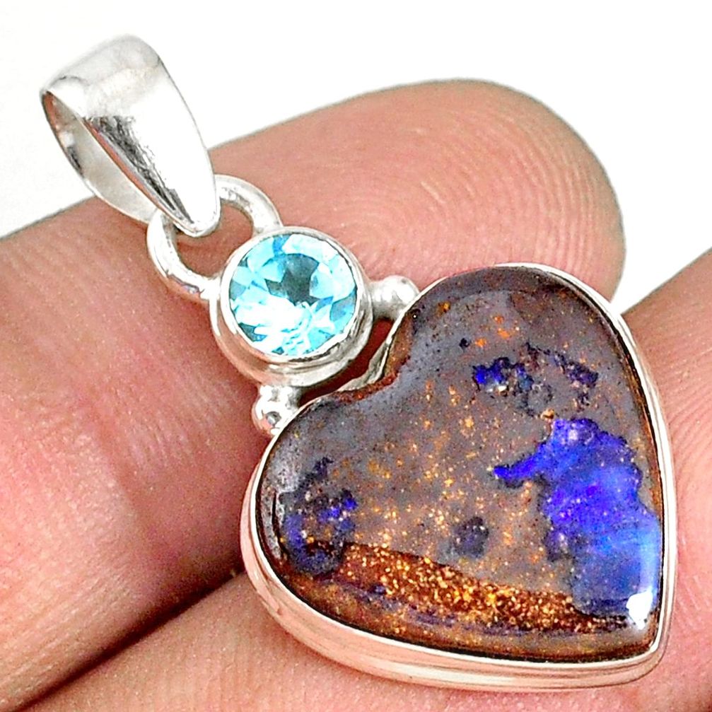 12.18cts natural brown boulder opal heart topaz 925 silver pendant r76422