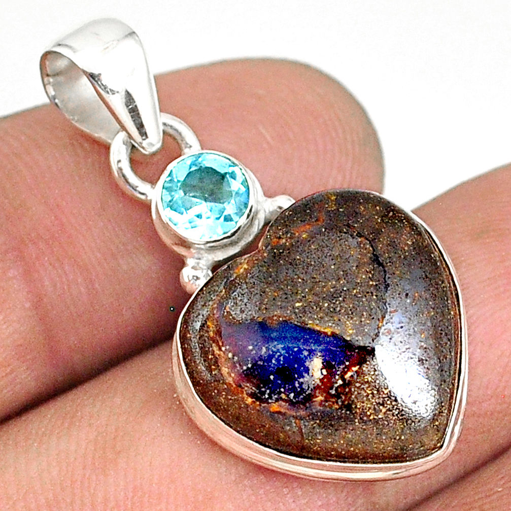 13.15cts natural brown boulder opal heart topaz 925 silver pendant r76425