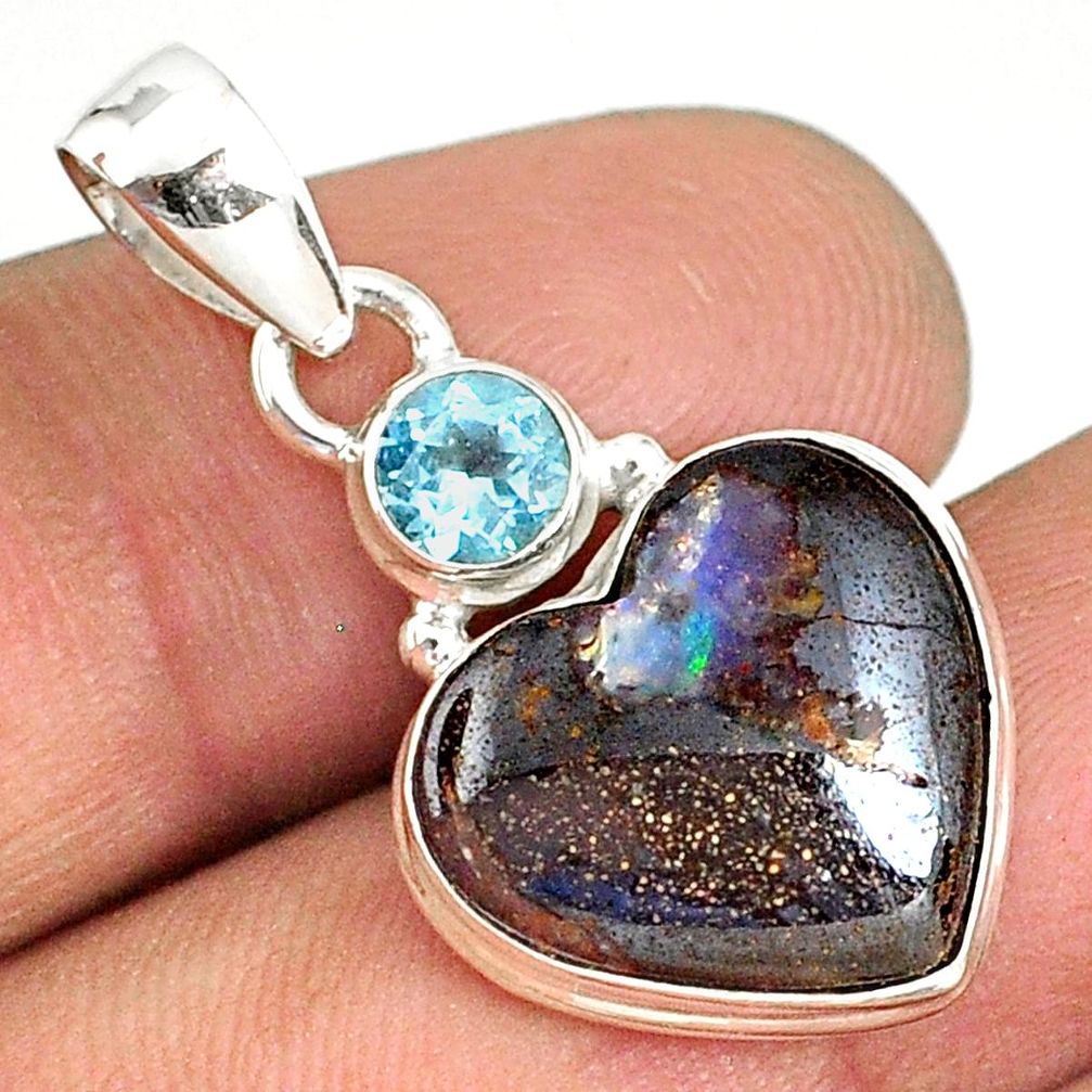 11.12cts natural brown boulder opal heart topaz 925 silver pendant r76426