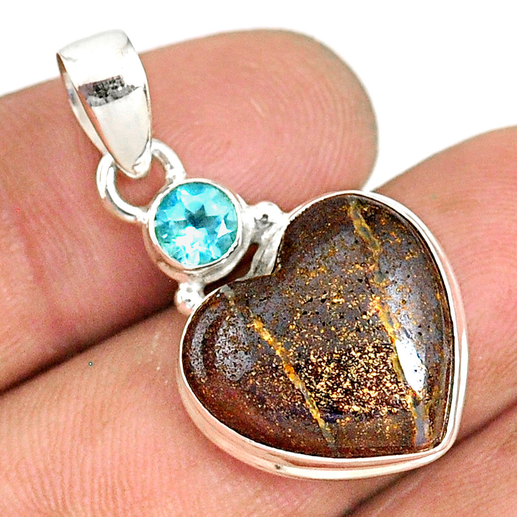 13.15cts natural brown boulder opal heart topaz 925 silver pendant r76431
