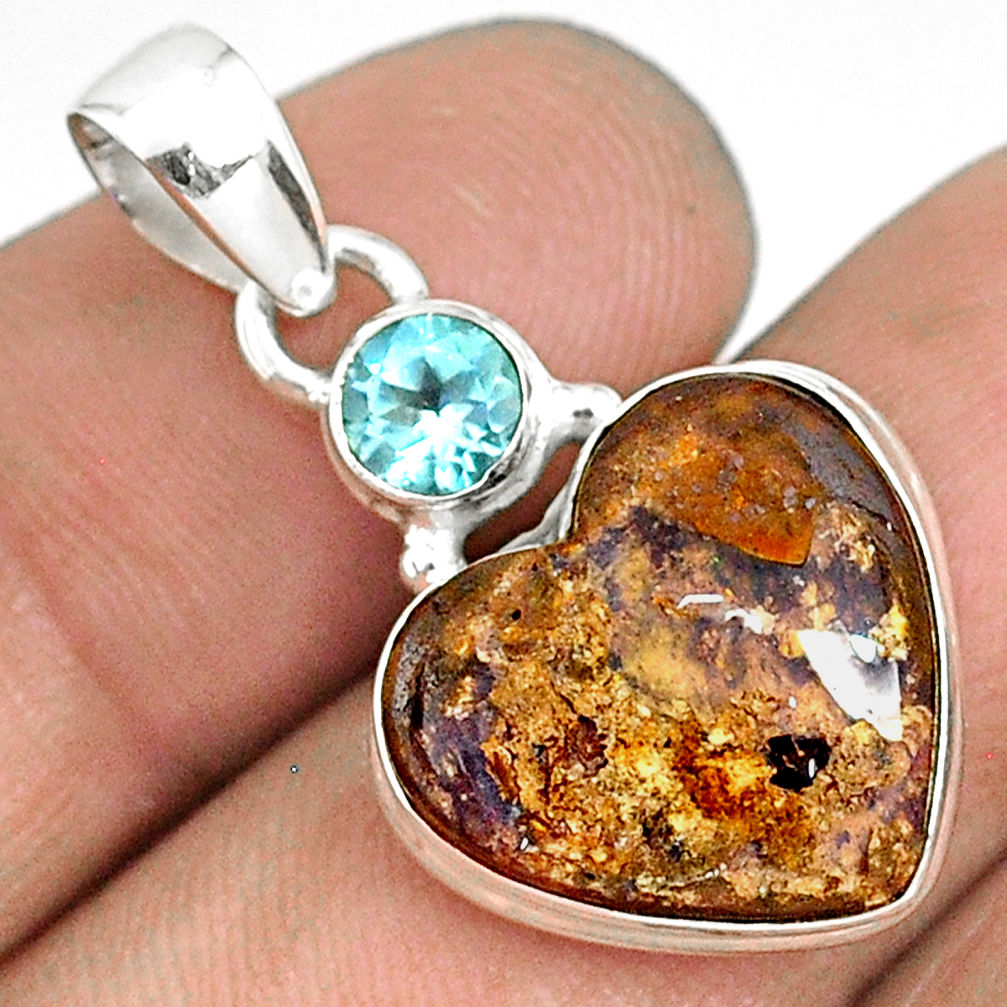 10.60cts natural brown boulder opal heart topaz 925 silver pendant r76432