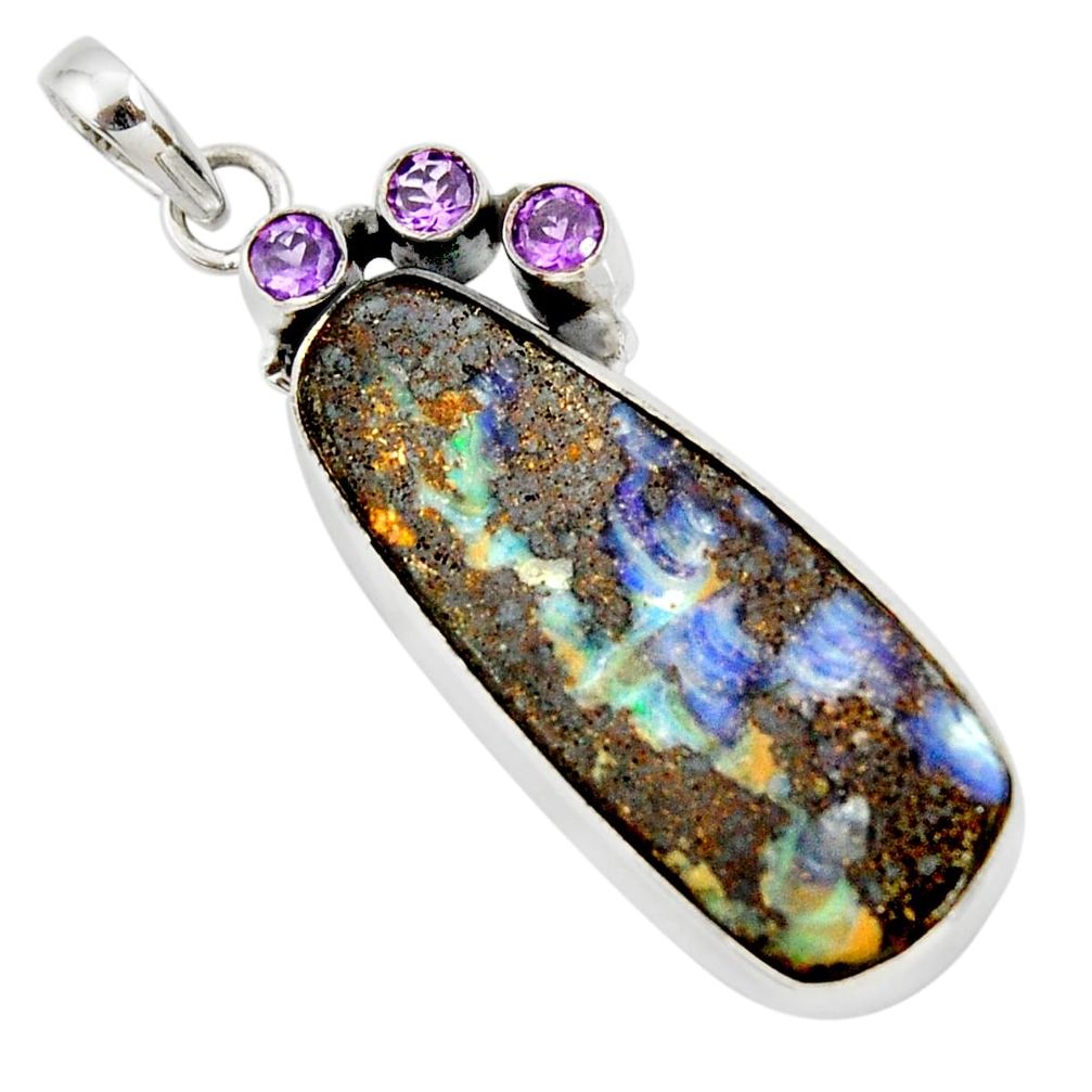 30.40cts natural brown boulder opal purple amethyst 925 silver pendant r36227