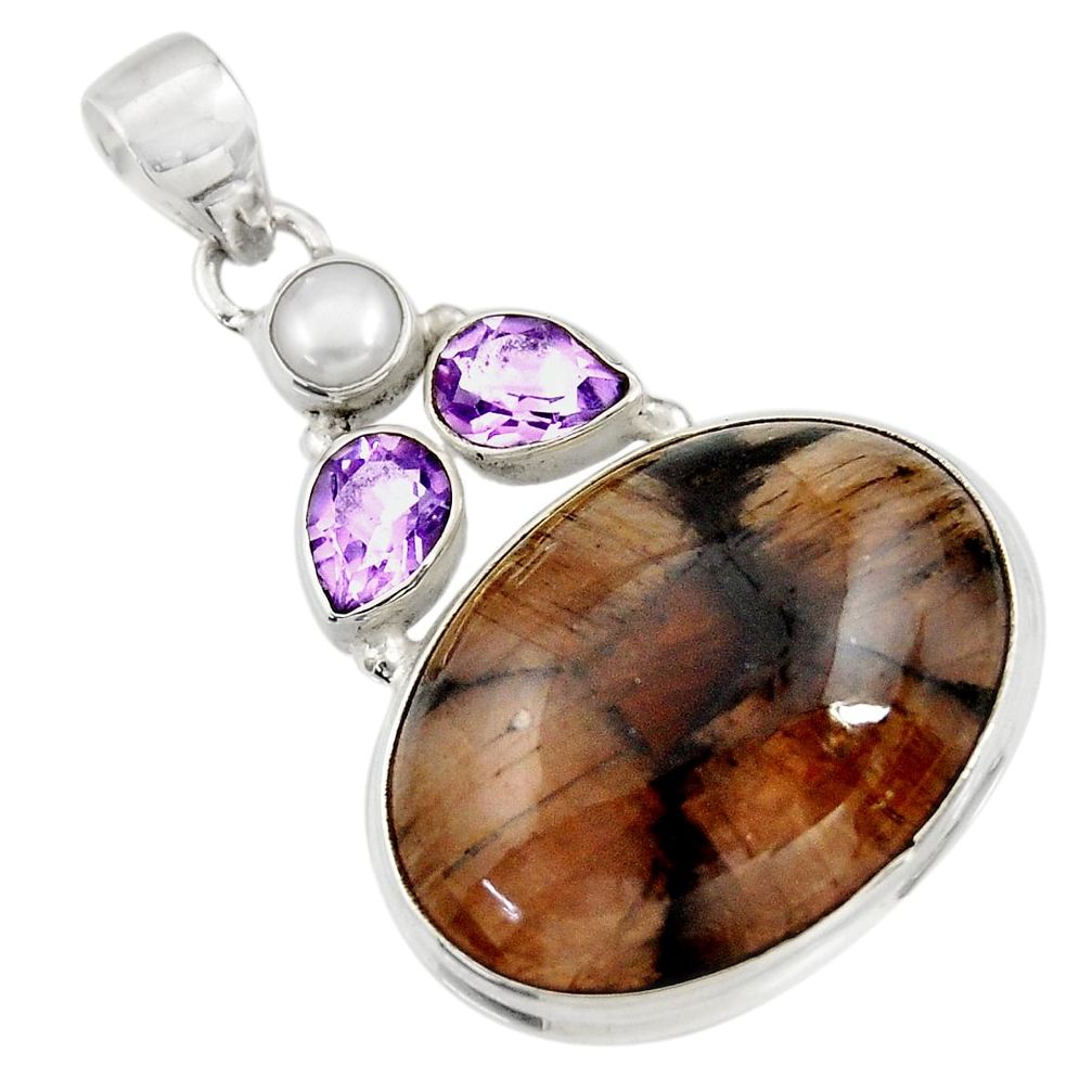 27.70cts natural brown chiastolite amethyst 925 sterling silver pendant d42184