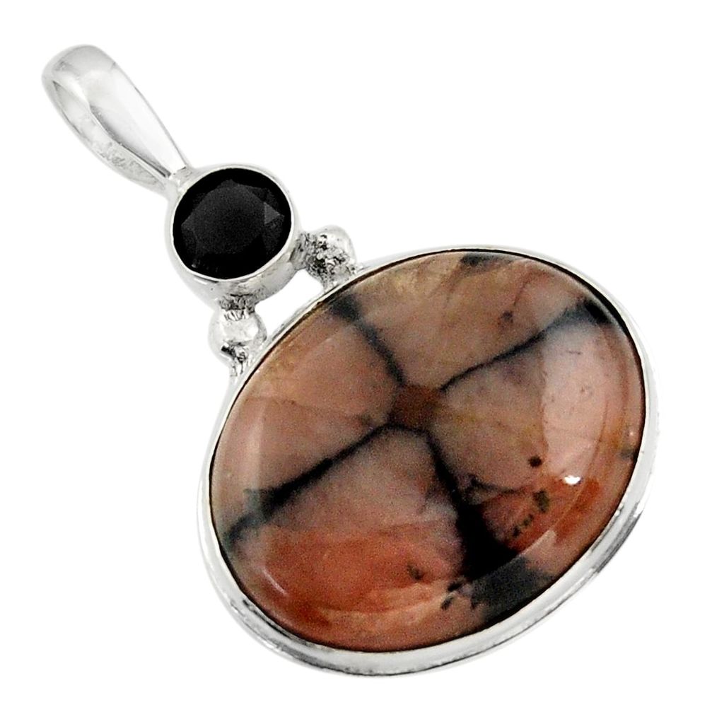 24.35cts natural brown chiastolite black onyx 925 sterling silver pendant r31989