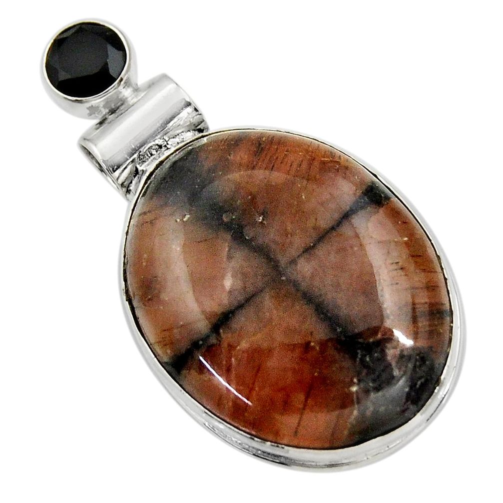 27.13cts natural brown chiastolite onyx 925 sterling silver pendant r30552