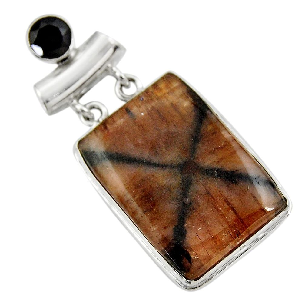 32.14cts natural brown chiastolite onyx 925 sterling silver pendant r30555