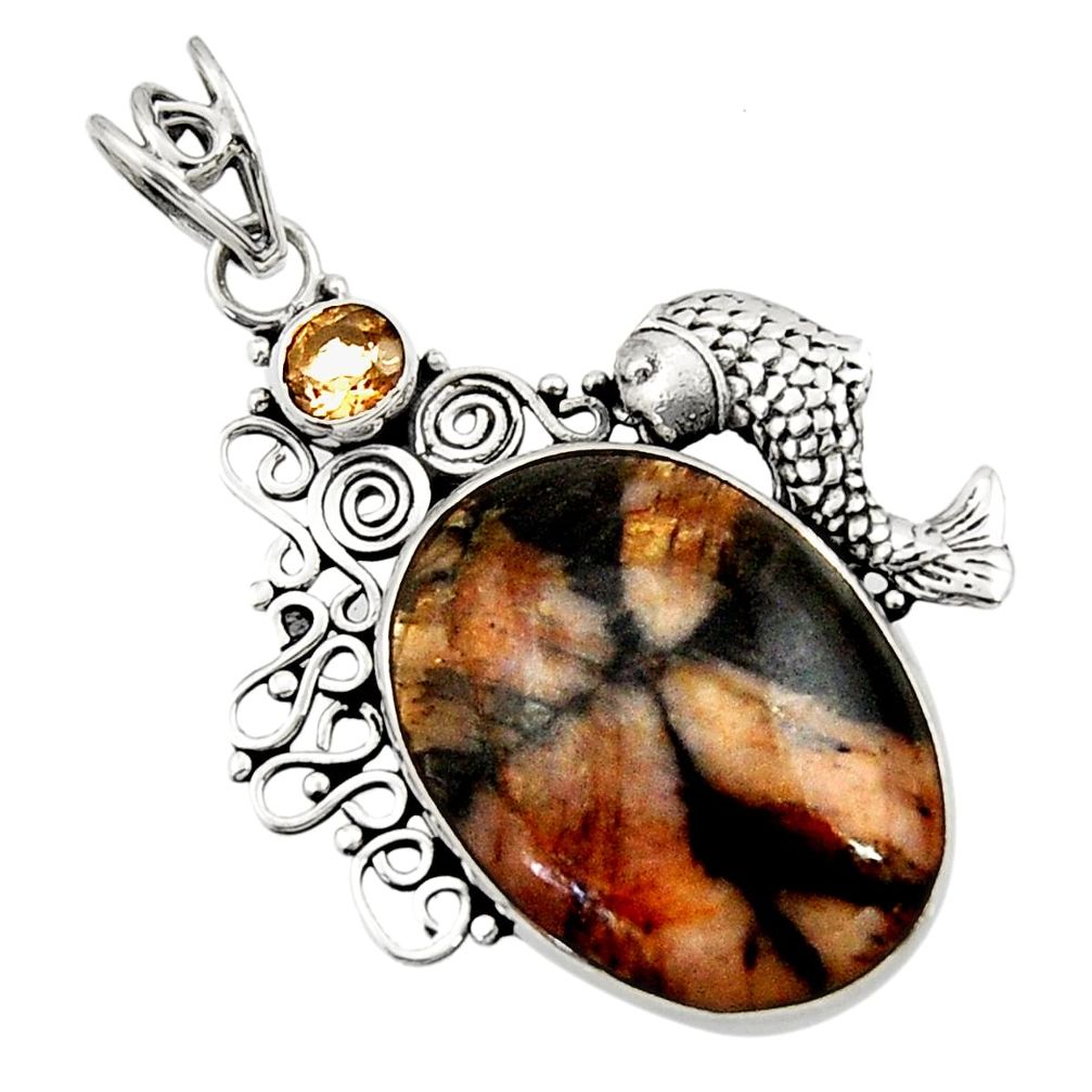  brown chiastolite smoky topaz 925 silver fish pendant d45088