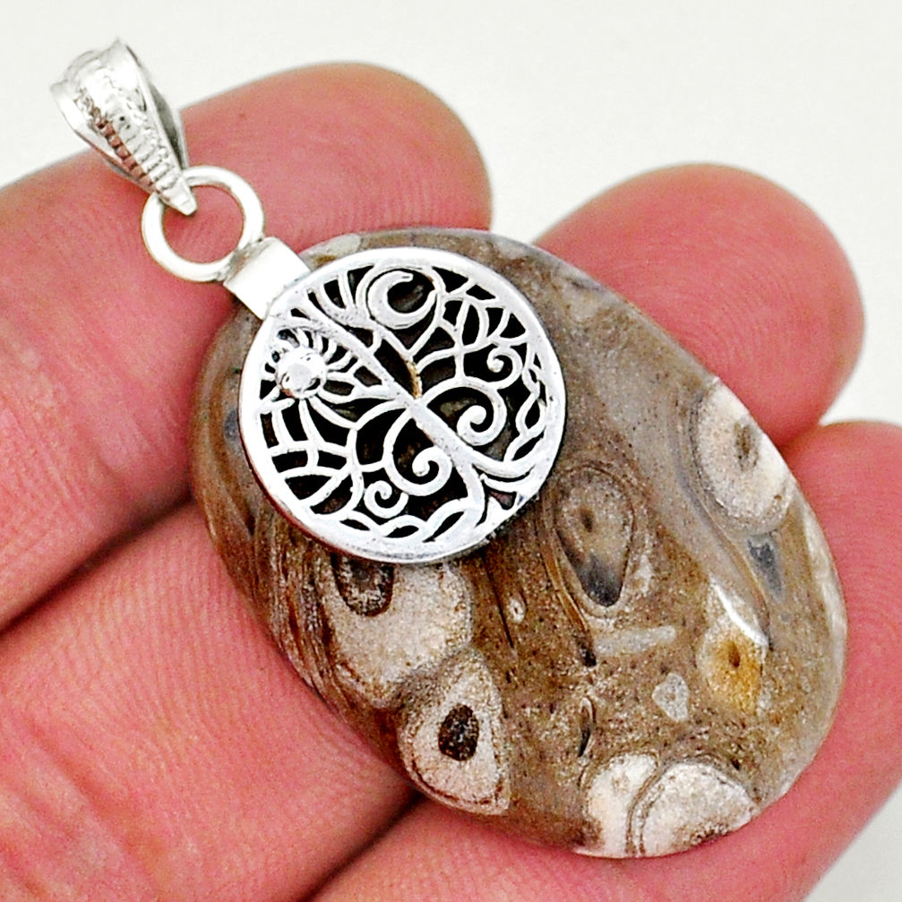 34.88cts natural brown colus fossil oval 925 silver tree of life pendant y17945