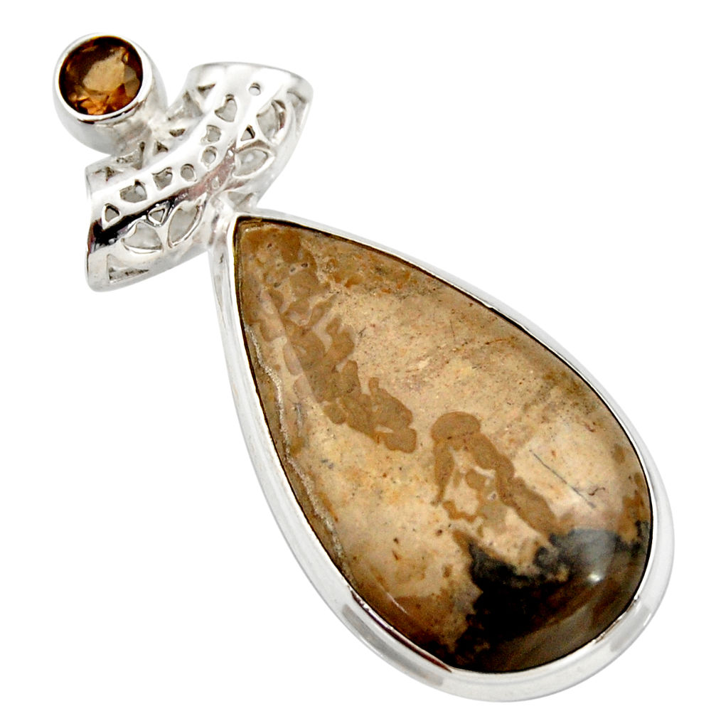 21.48cts natural brown cotham landscape marble pear 925 silver pendant d42253