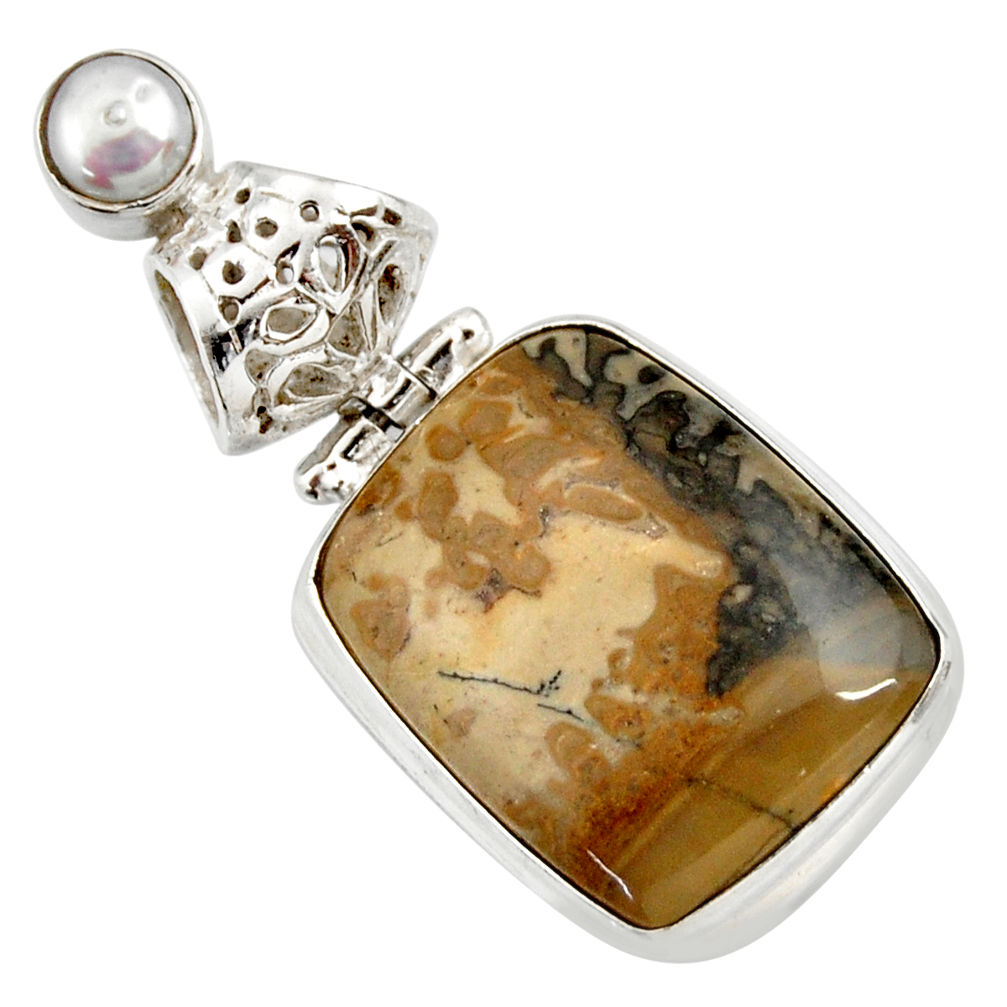 15.65cts natural brown cotham landscape marble pearl 925 silver pendant d41980