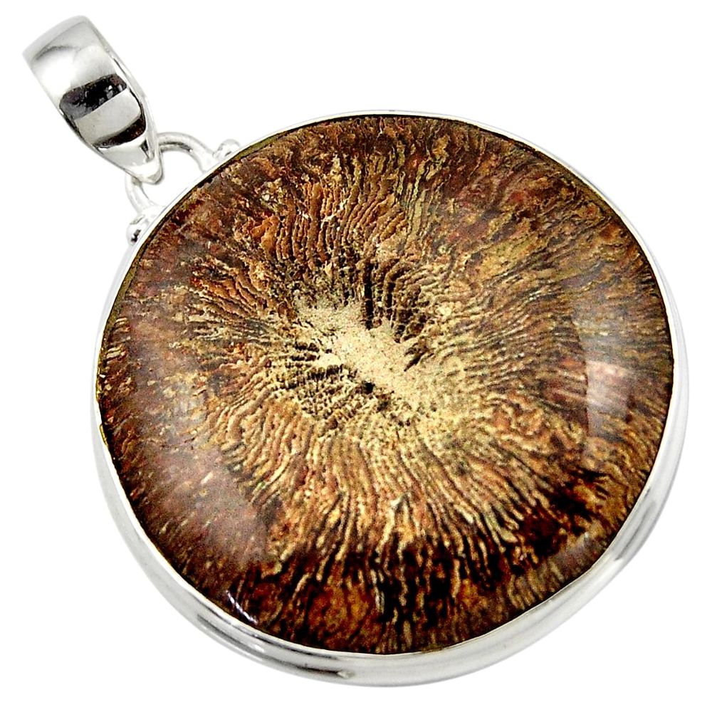 45.99cts natural brown cyclolite coral fossil 925 sterling silver pendant r41029