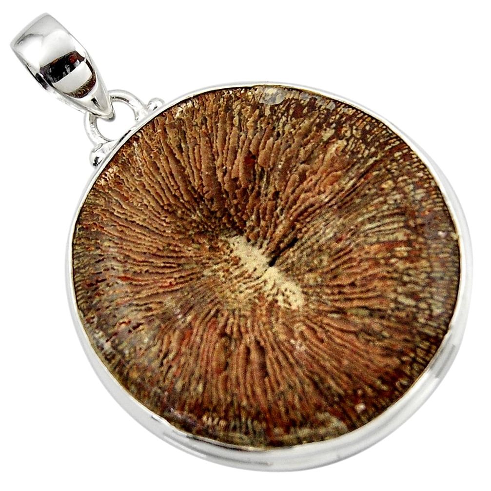 51.51cts natural brown cyclolite coral fossil 925 sterling silver pendant r41033