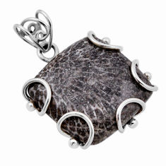 19.99cts natural brown dinosaur bone fossilized cushion silver pendant n29350