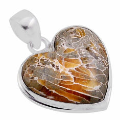 14.79cts natural brown dinosaur bone fossilized heart 925 silver pendant n40127