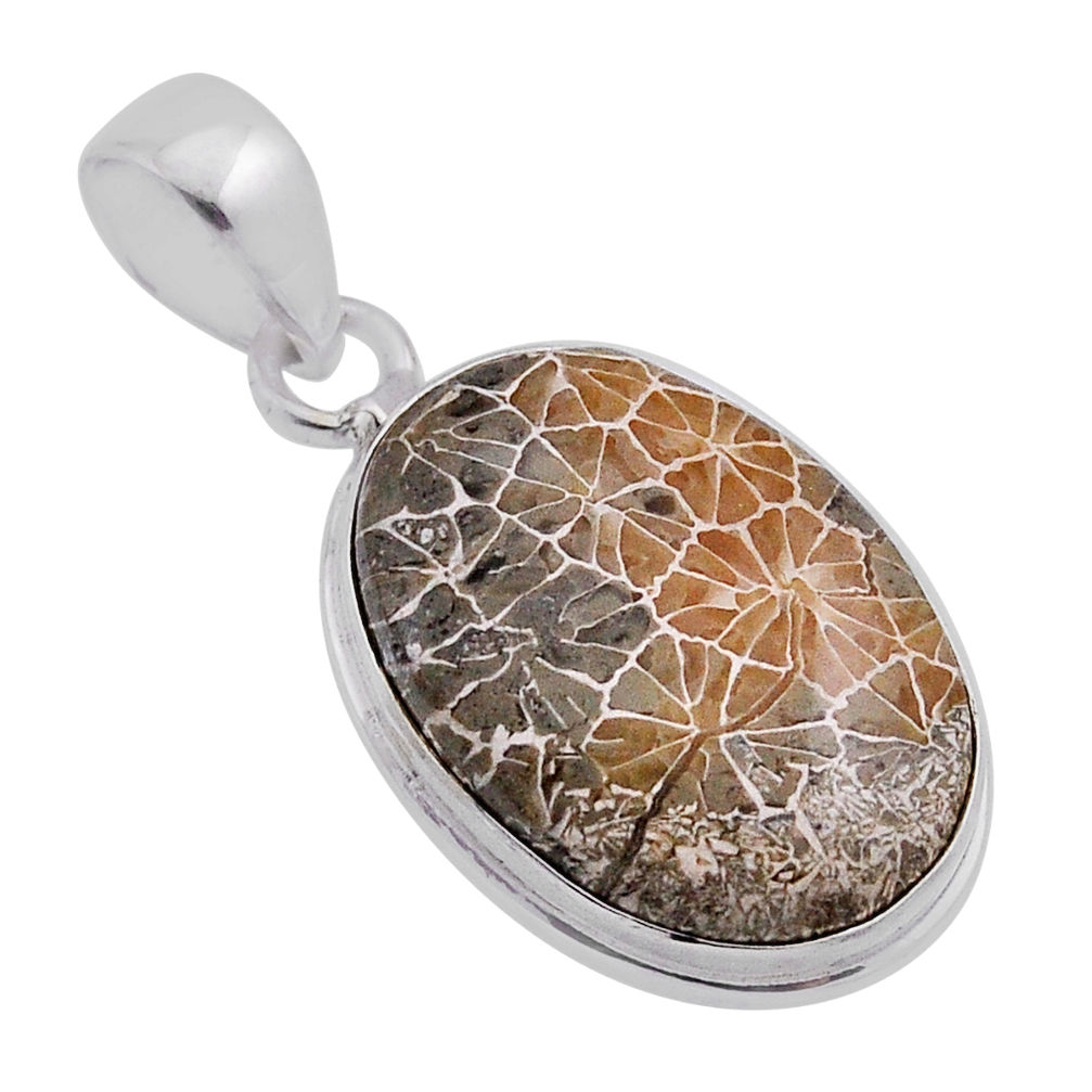 13.15cts natural brown dinosaur bone fossilized oval 925 silver pendant n40124