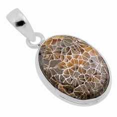13.49cts natural brown dinosaur bone fossilized oval 925 silver pendant n40125