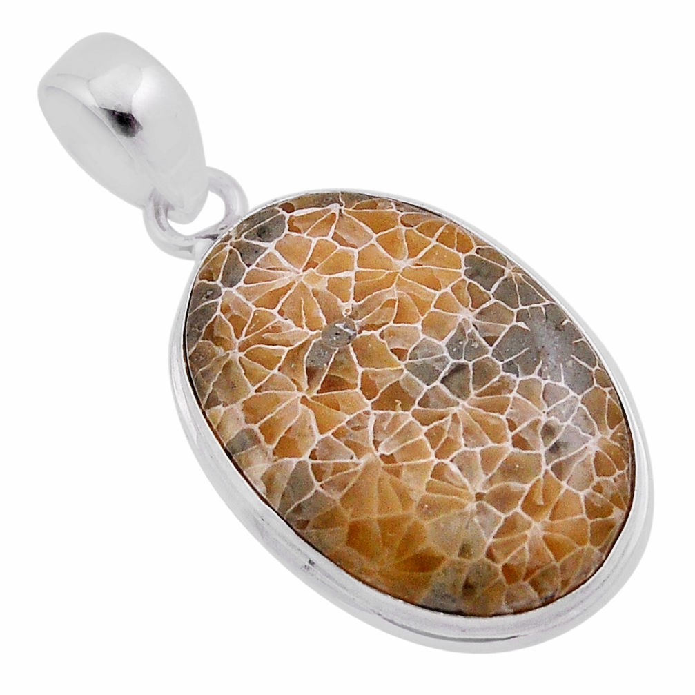 16.37cts natural brown dinosaur bone fossilized oval 925 silver pendant n40128