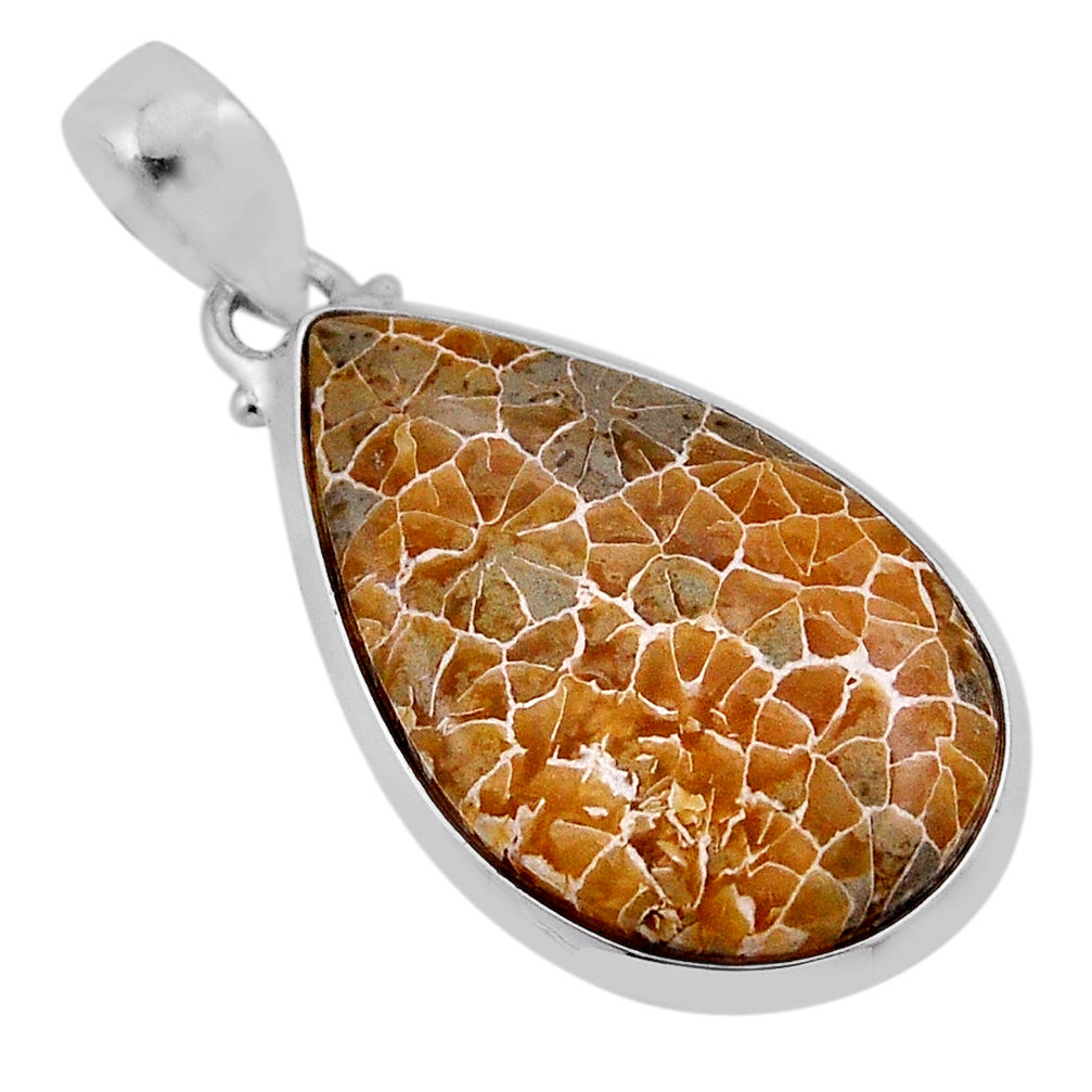 16.72cts natural brown dinosaur bone fossilized pear 925 silver pendant n40102
