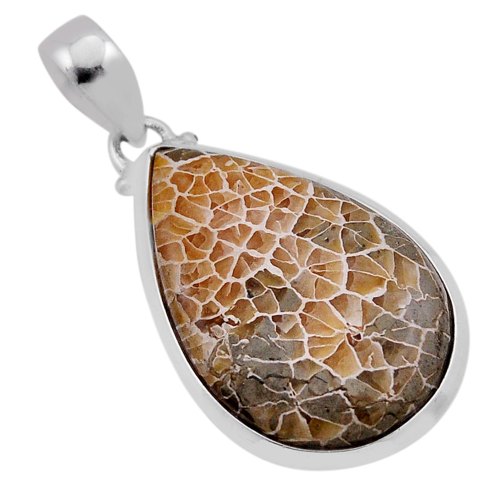 19.45cts natural brown dinosaur bone fossilized pear 925 silver pendant n40107