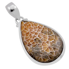19.45cts natural brown dinosaur bone fossilized pear 925 silver pendant n40107