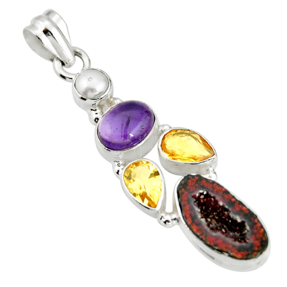 12.40cts natural brown geode druzy amethyst 925 sterling silver pendant r20319