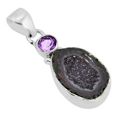 9.20cts natural brown geode druzy amethyst 925 sterling silver pendant y79758