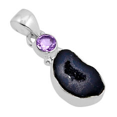 5.47cts natural brown geode druzy amethyst 925 sterling silver pendant y82241