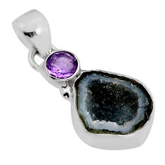 5.50cts natural brown geode druzy amethyst 925 sterling silver pendant y82245