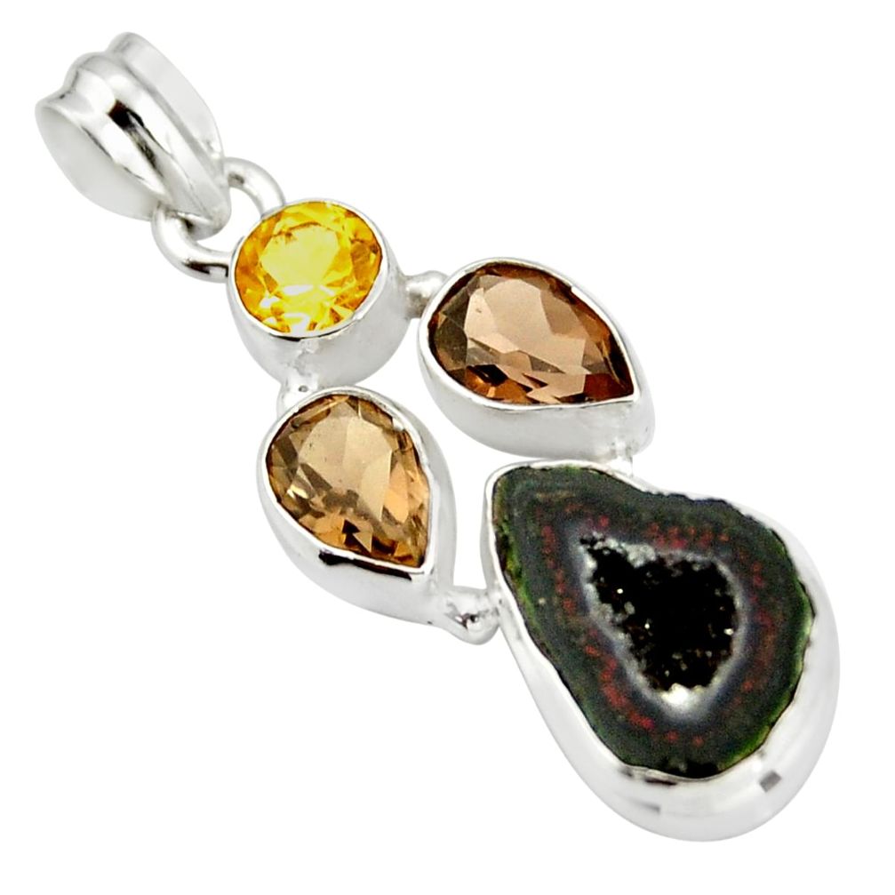 13.34cts natural brown geode druzy smoky topaz citrine 925 silver pendant r20307