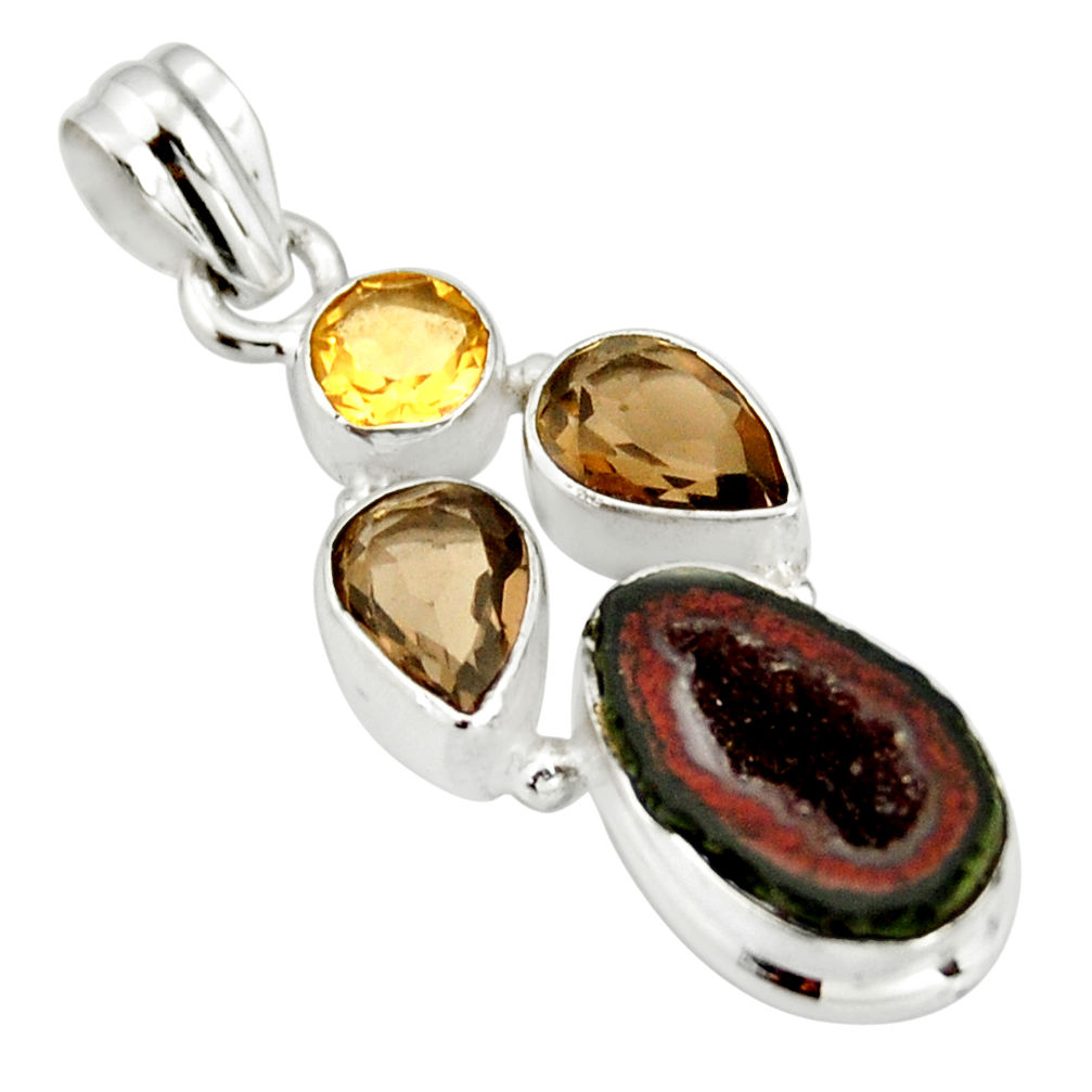 11.97cts natural brown geode druzy smoky topaz citrine 925 silver pendant r20308