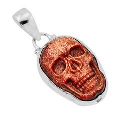 15.39cts natural brown goldstone fancy 925 sterling silver skull pendant y80401