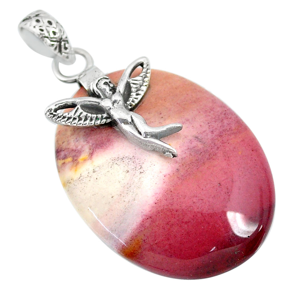 25.89cts natural brown mookaite 925 silver angel wings fairy pendant r90896