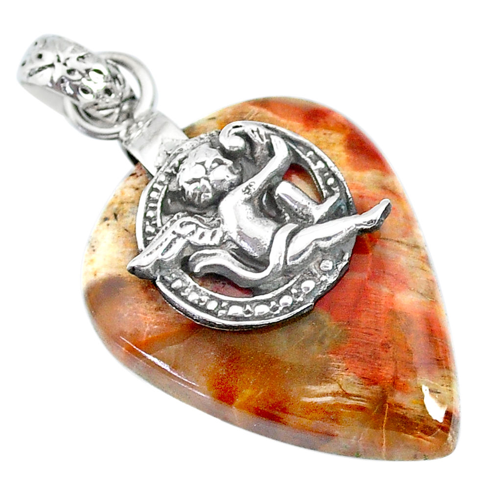 23.23cts natural brown mookaite 925 silver cupid angel wings pendant r90881