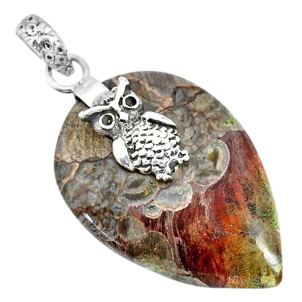 23.87cts natural brown mushroom rhyolite 925 sterling silver owl pendant r91383