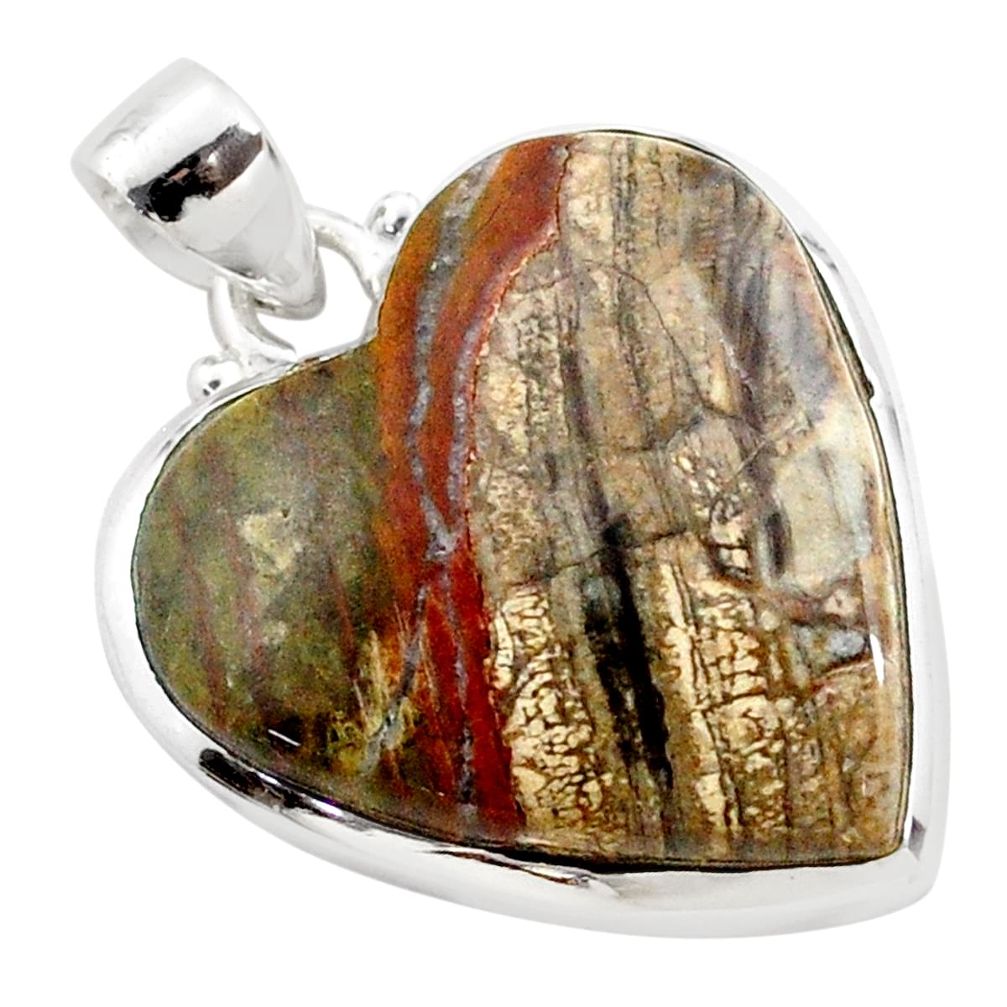 22.59cts natural brown mushroom rhyolite heart sterling silver pendant t77628