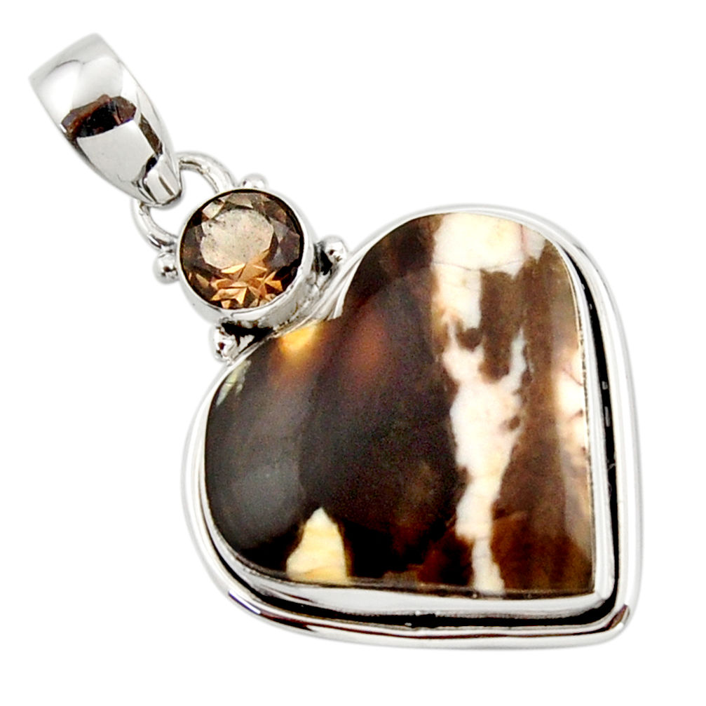 16.48cts natural brown peanut petrified wood fossil heart silver pendant r43961