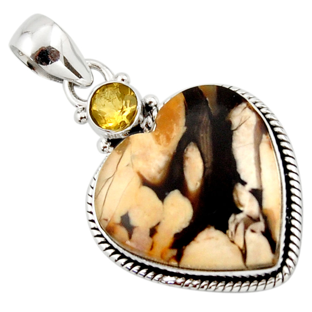 15.72cts natural brown peanut petrified wood fossil heart silver pendant r43963