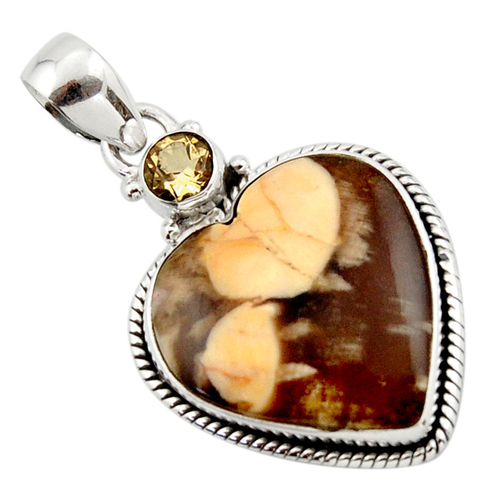 14.72cts natural brown peanut petrified wood fossil heart silver pendant r43964