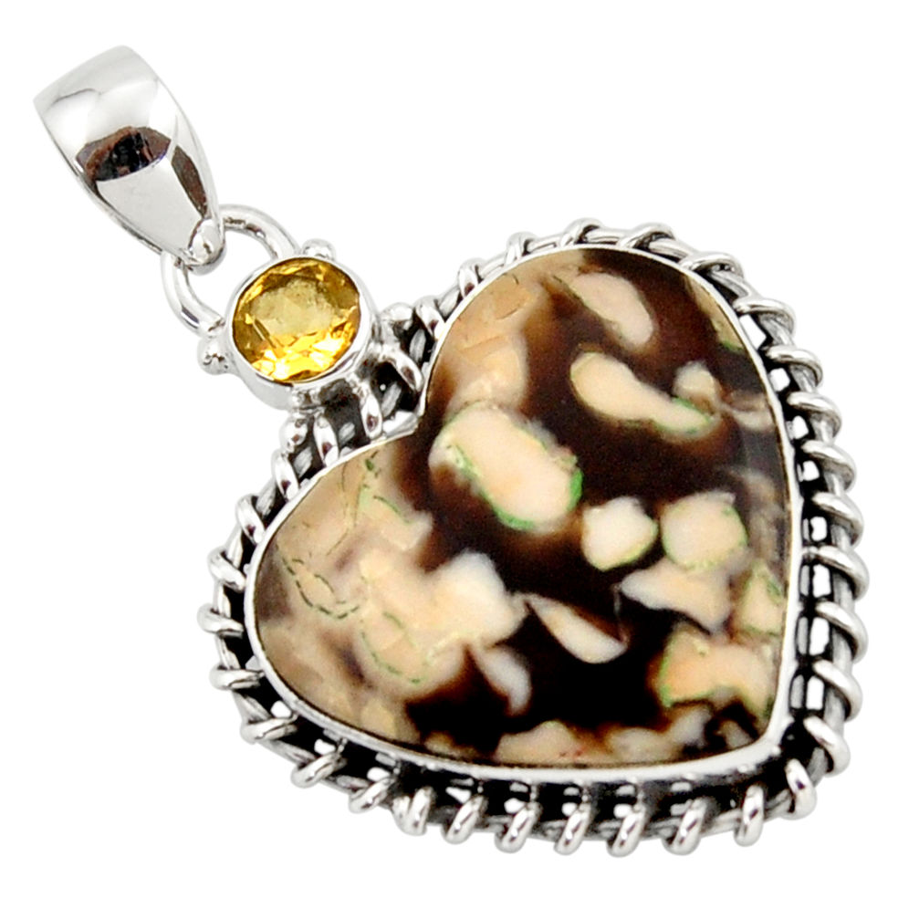 Clearance Sale- 16.06cts natural brown peanut petrified wood fossil heart silver pendant r43965