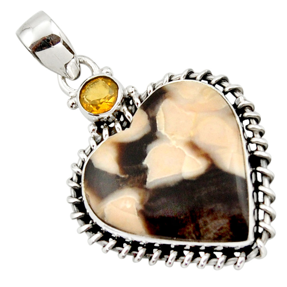 15.67cts natural brown peanut petrified wood fossil heart silver pendant r43966