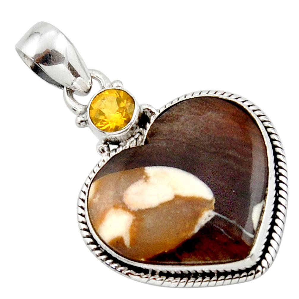 14.23cts natural brown peanut petrified wood fossil heart silver pendant r43967