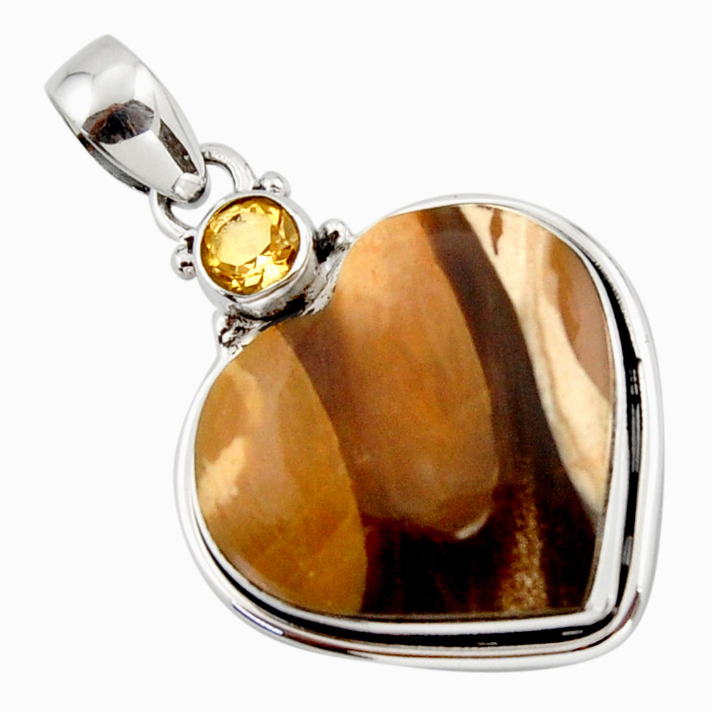 18.43cts natural brown peanut petrified wood fossil heart silver pendant r43968