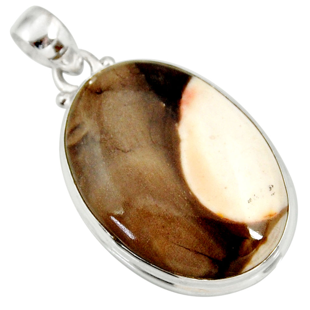  brown peanut petrified wood fossil oval silver pendant d41393