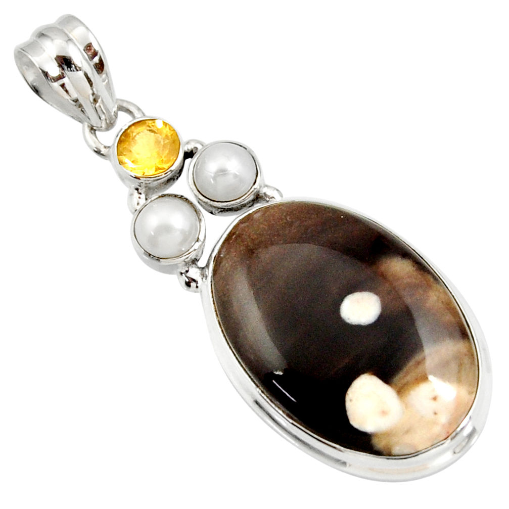  brown peanut petrified wood fossil pearl silver pendant d41372