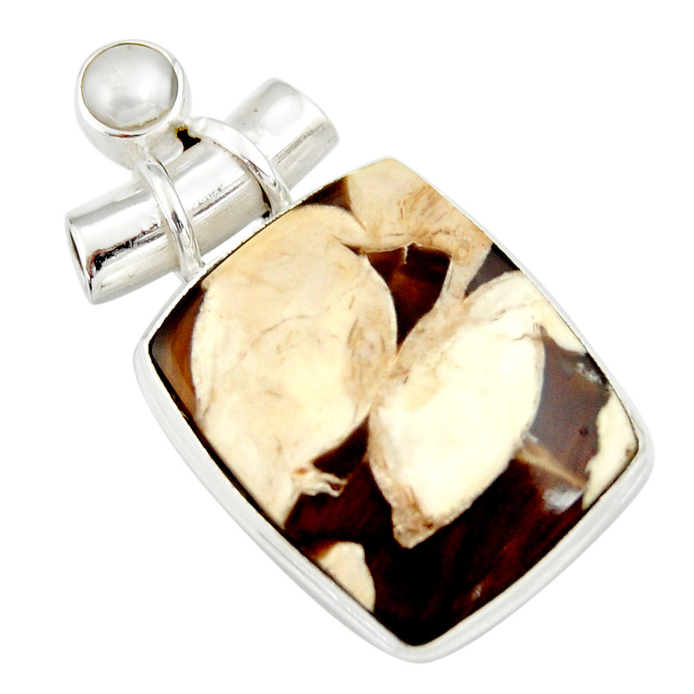 15.05cts natural brown peanut petrified wood fossil pearl silver pendant r20092