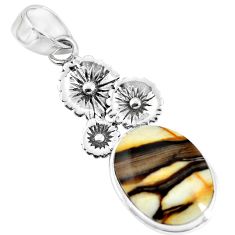 Clearance Sale- 14.72cts natural brown peanut petrified wood fossil silver flower pendant p55053
